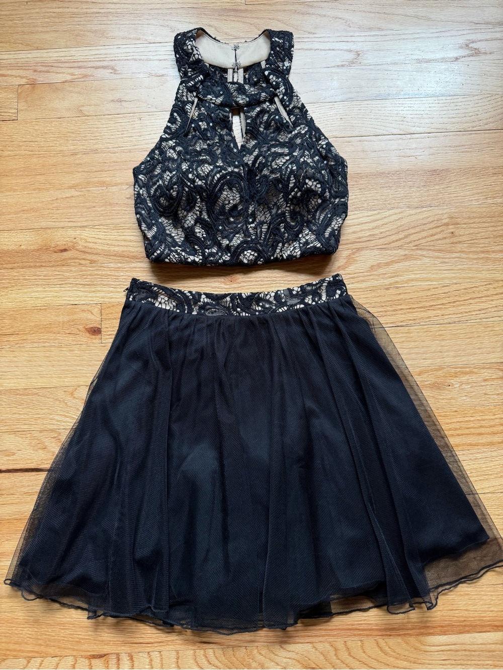 Speechless Black Lace Embellished Top & Tulle Skirt Set